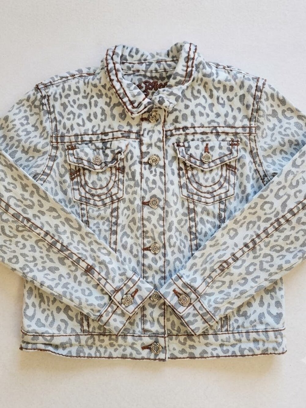 Rose Royce Gray Leopard Print Cropped Denim Jean Jacket Floral Buttons Medium M